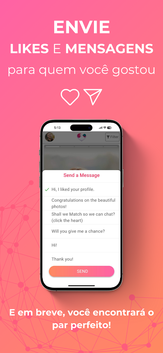 Tela do app para enviar likes e mensagens